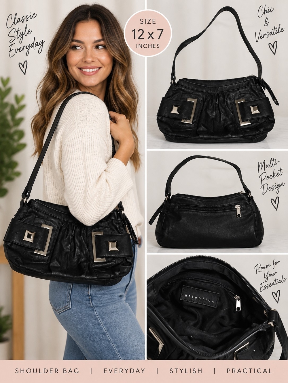 Attention women's 12x7 inch black shoulder purse #33